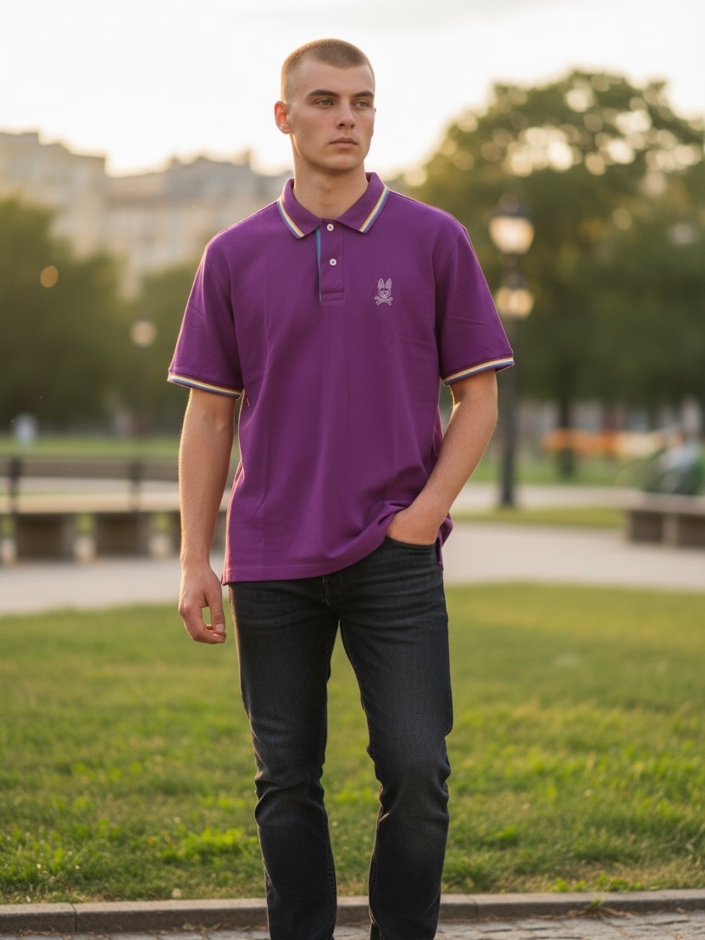 Psycho Bunny Purple Polo with Multicolor Contrast Trim 100%Pima Cotton